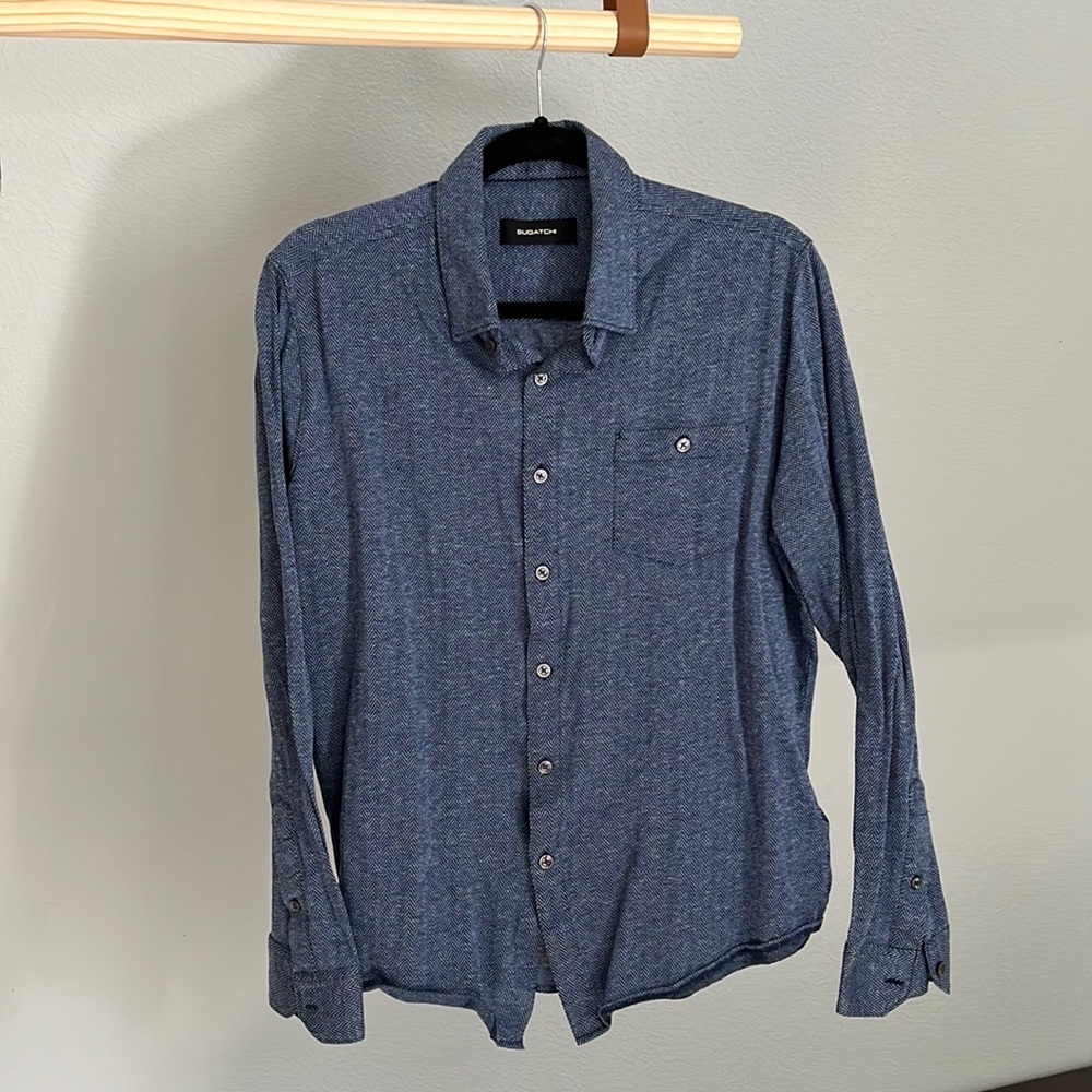 Bugatchi Men’s Dress Shirt - Solid Knit Regular Fit - Navy Herringbone, Size M